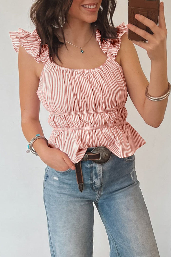 Pink Stripe U Neck Ruffle Trim Cinched Waist Tank Top Dear lover