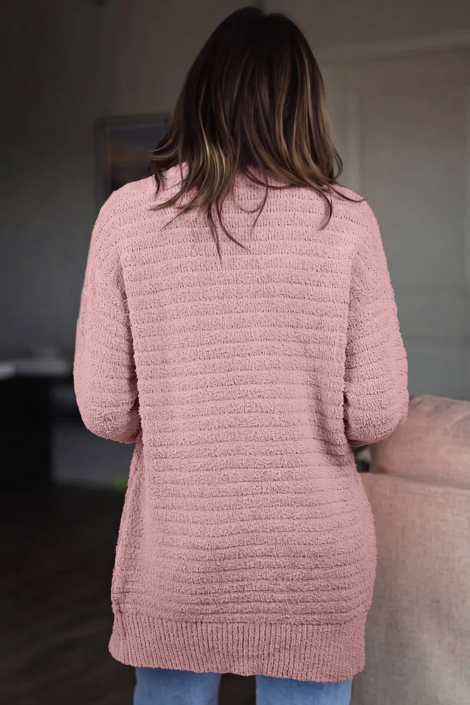 Light pink fuzzy ribbed cardigan view 2