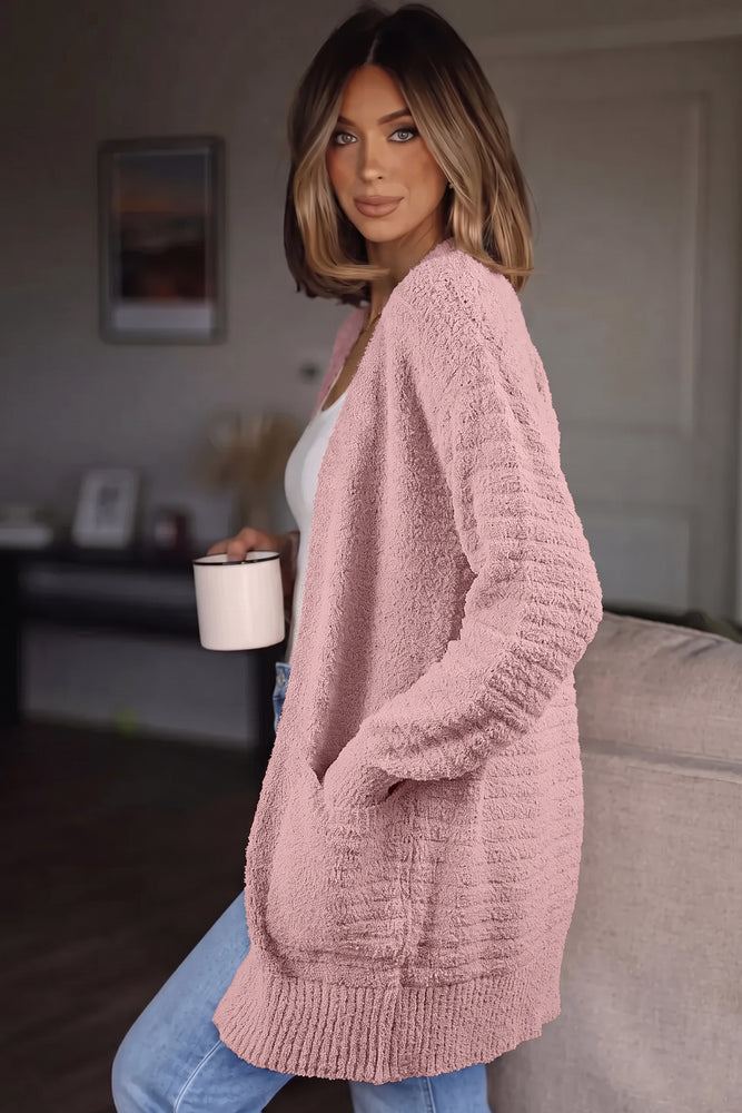 Light pink fuzzy ribbed cardigan view 3