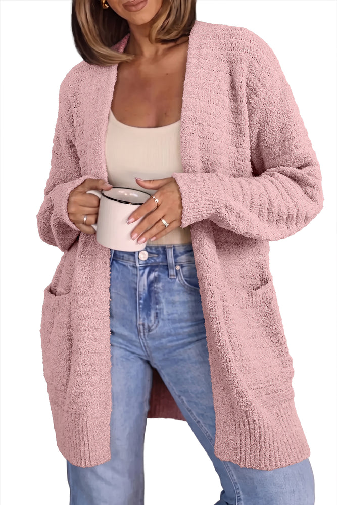 Light pink fuzzy ribbed cardigan view 4