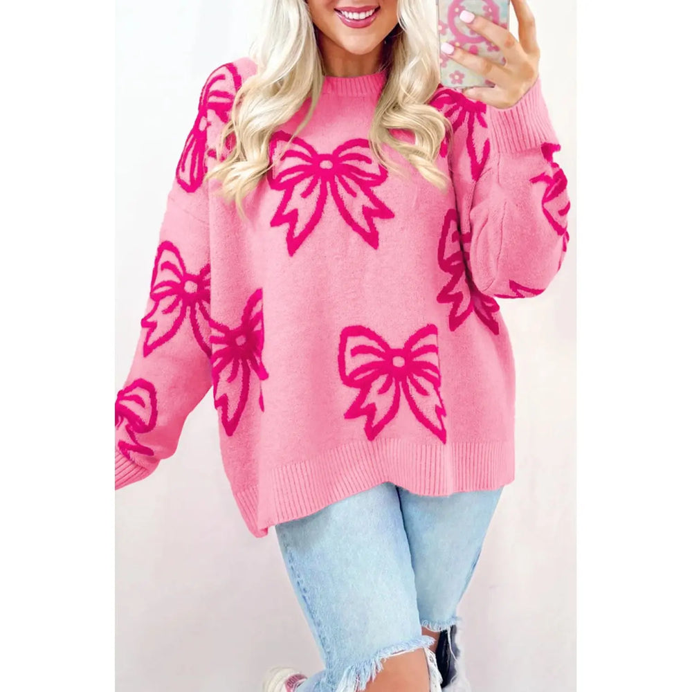 Pink Bow Pattern Drop Shoulder Loose Sweater Dear lover