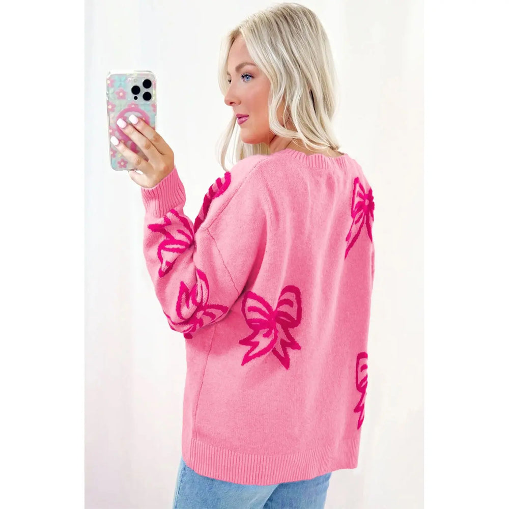 Pink Bow Pattern Drop Shoulder Loose Sweater Dear lover