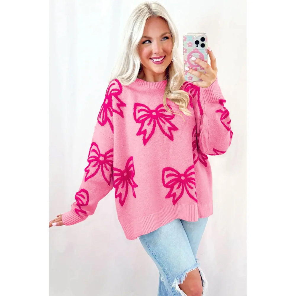 Pink Bow Pattern Drop Shoulder Loose Sweater Dear lover