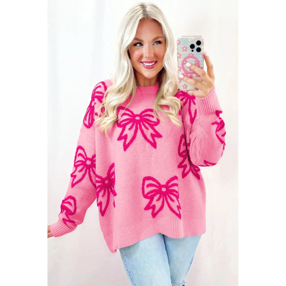 Pink Bow Pattern Drop Shoulder Loose Sweater Dear lover