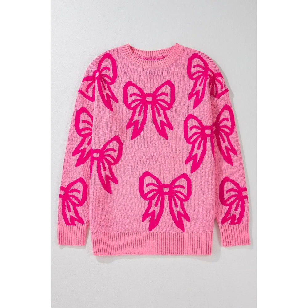 Pink Bow Pattern Drop Shoulder Loose Sweater Dear lover