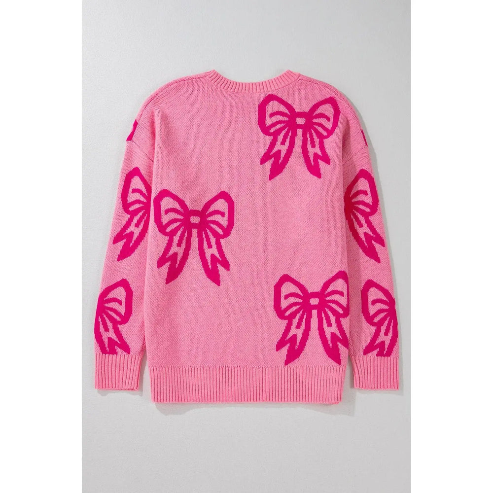Pink Bow Pattern Drop Shoulder Loose Sweater Dear lover