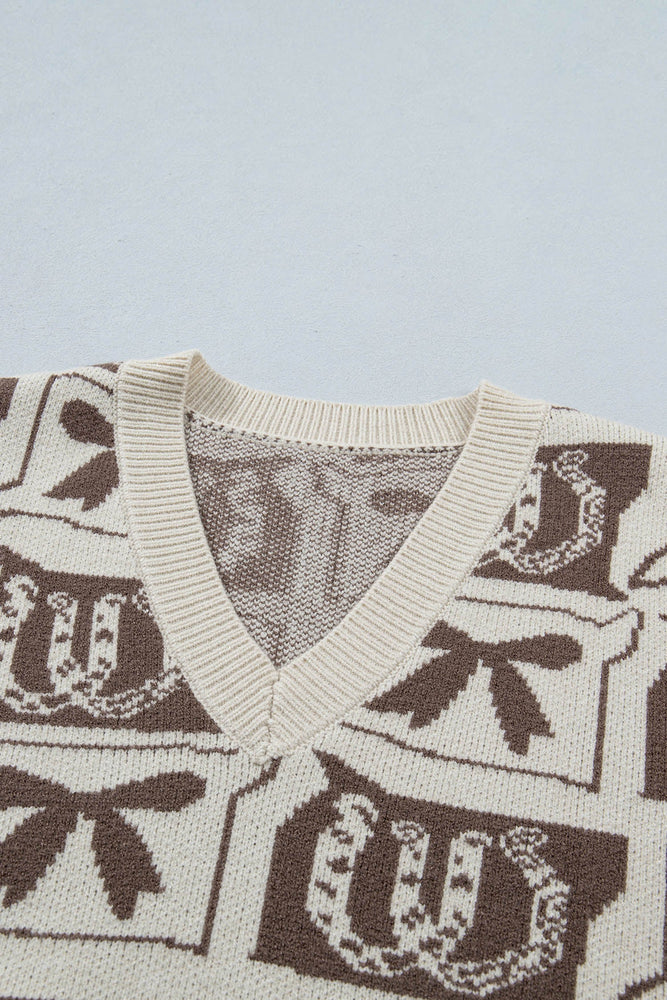 Brown Western Horseshoe Bow Printed V Neck Loose Sweater Vest Dear lover
