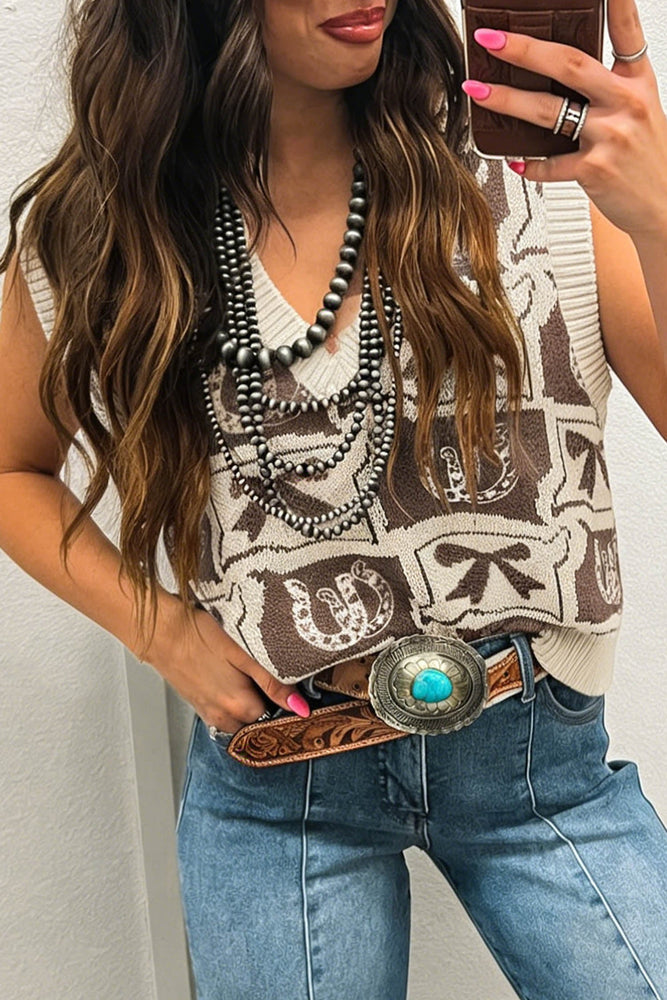 Brown Western Horseshoe Bow Printed V Neck Loose Sweater Vest Dear lover
