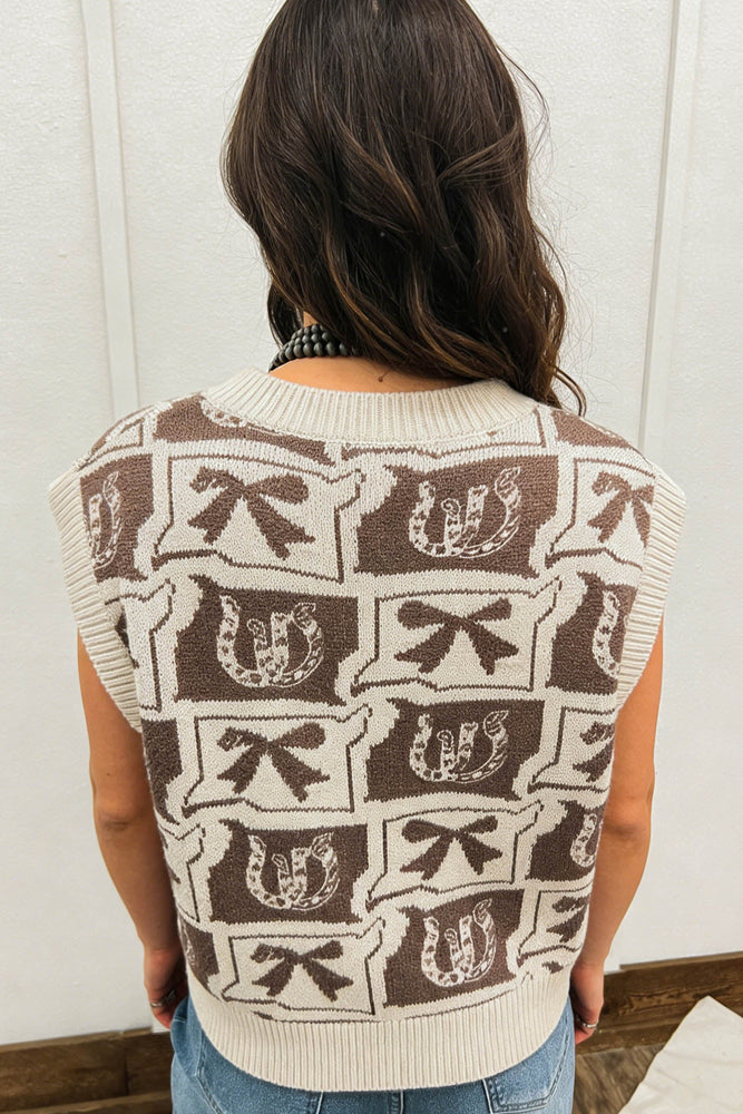 Brown Western Horseshoe Bow Printed V Neck Loose Sweater Vest Dear lover