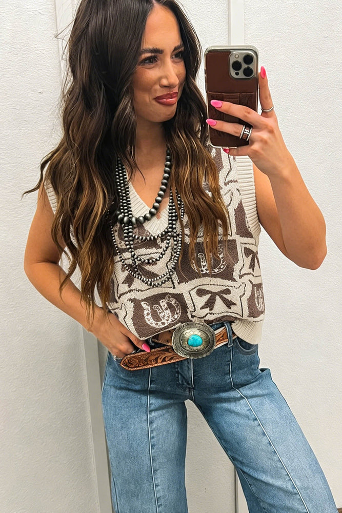 Brown Western Horseshoe Bow Printed V Neck Loose Sweater Vest Dear lover