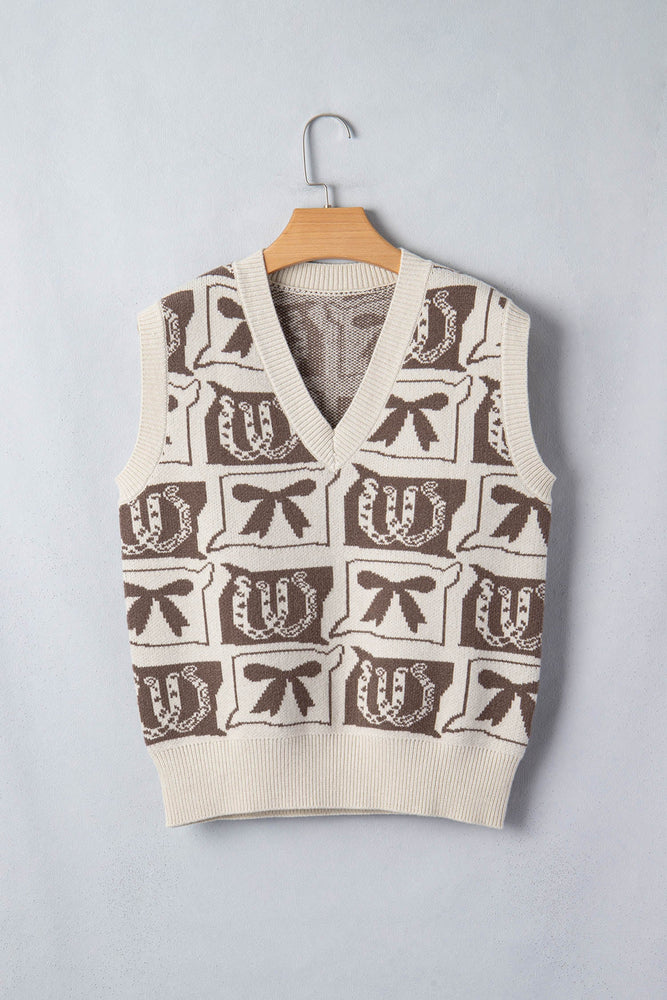 Brown Western Horseshoe Bow Printed V Neck Loose Sweater Vest Dear lover