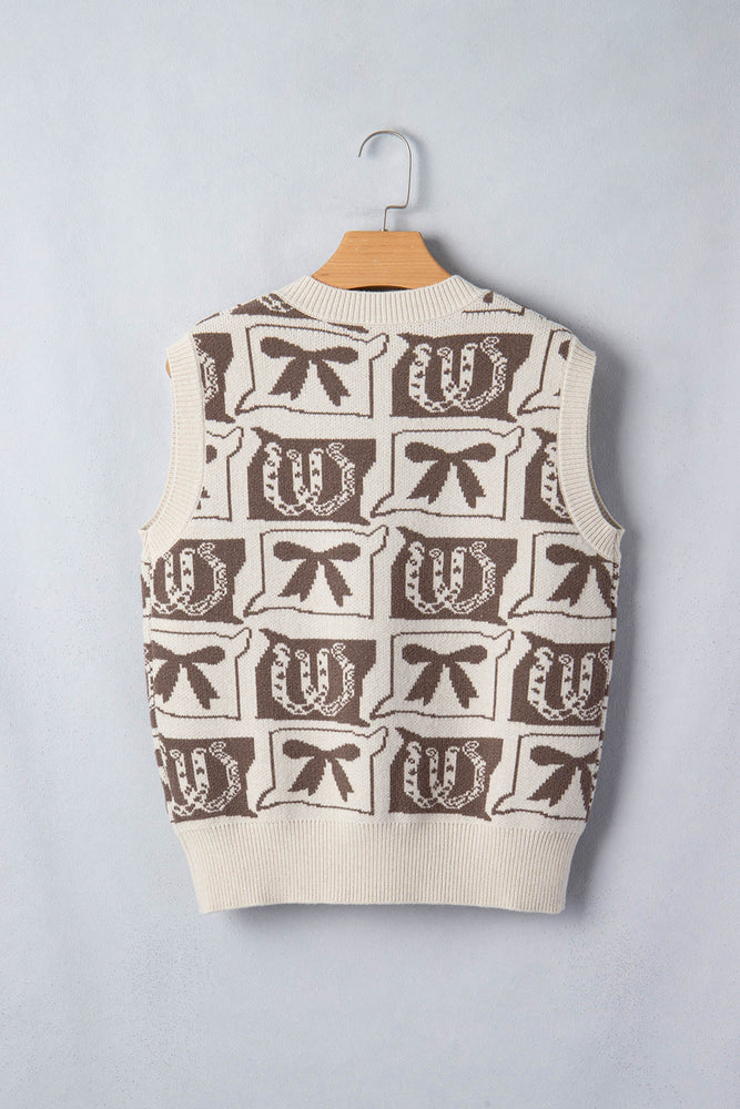 Brown Western Horseshoe Bow Printed V Neck Loose Sweater Vest Dear lover