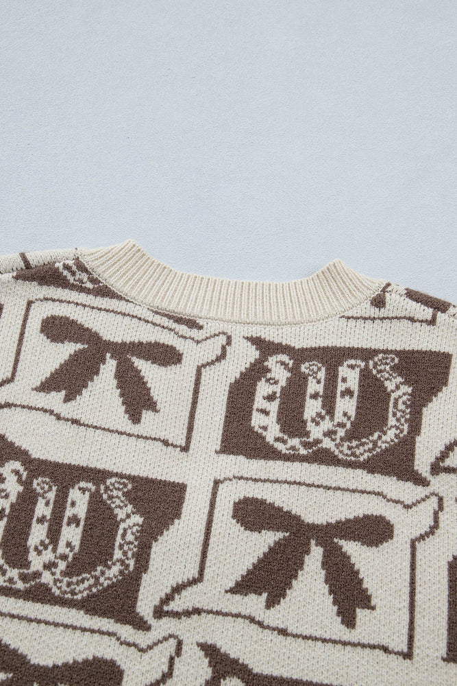 Brown Western Horseshoe Bow Printed V Neck Loose Sweater Vest Dear lover