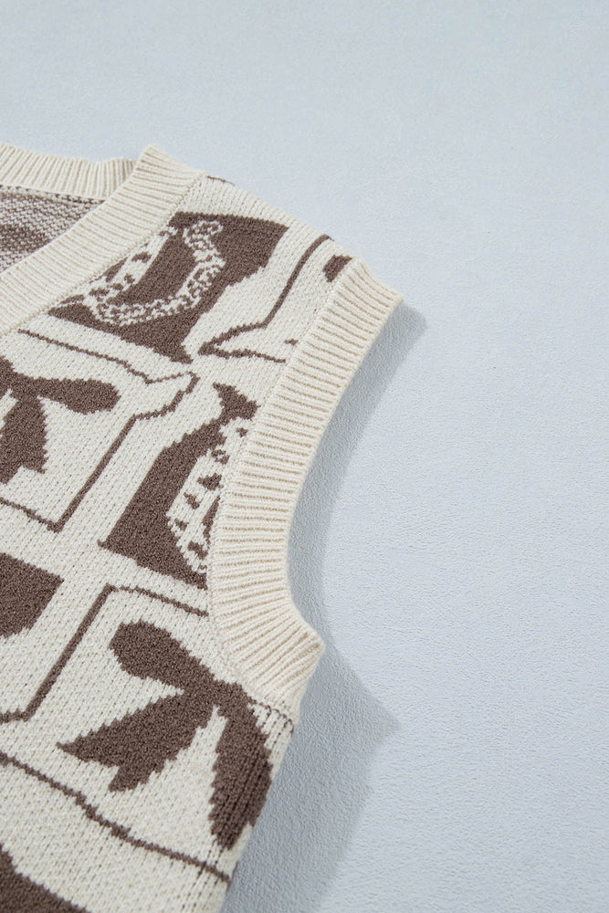 Brown Western Horseshoe Bow Printed V Neck Loose Sweater Vest Dear lover