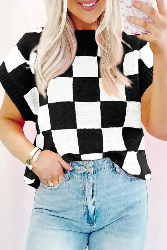 Color black Colorblock Plaid Pattern Ribbed Trim Sweater Tank Top Dear lover