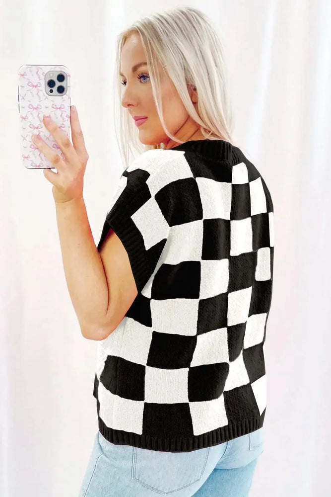 Color black Colorblock Plaid Pattern Ribbed Trim Sweater Tank Top Dear lover