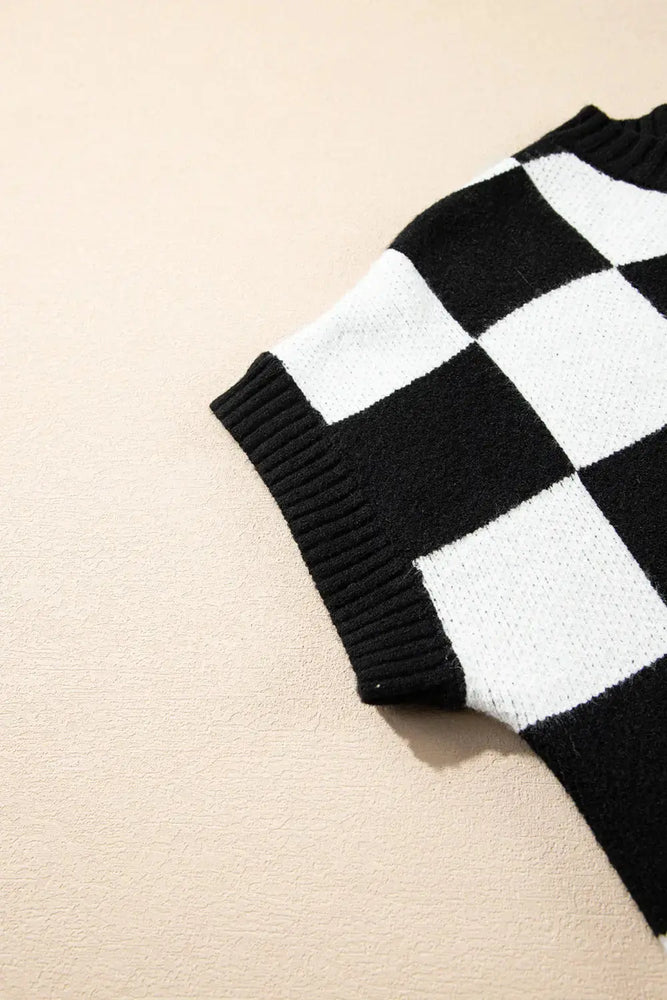 Color black Colorblock Plaid Pattern Ribbed Trim Sweater Tank Top Dear lover