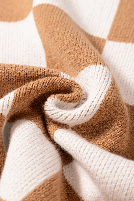 Light French Beige Colorblock Plaid Pattern Ribbed Trim Sweater Tank Top Dear lover