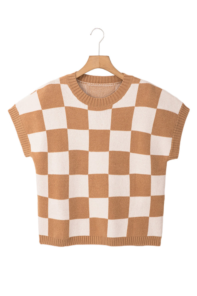 Light French Beige Colorblock Plaid Pattern Ribbed Trim Sweater Tank Top Dear lover