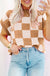 Light French Beige Colorblock Plaid Pattern Ribbed Trim Sweater Tank Top Dear lover