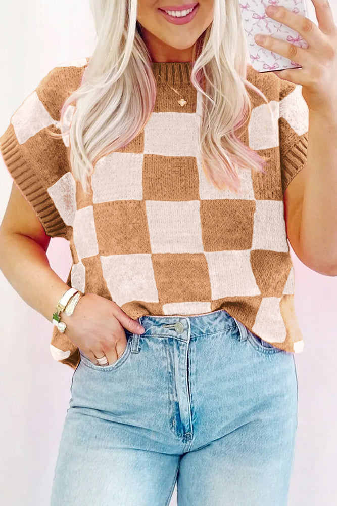 Light French Beige Colorblock Plaid Pattern Ribbed Trim Sweater Tank Top Dear lover