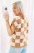 Light French Beige Colorblock Plaid Pattern Ribbed Trim Sweater Tank Top Dear lover