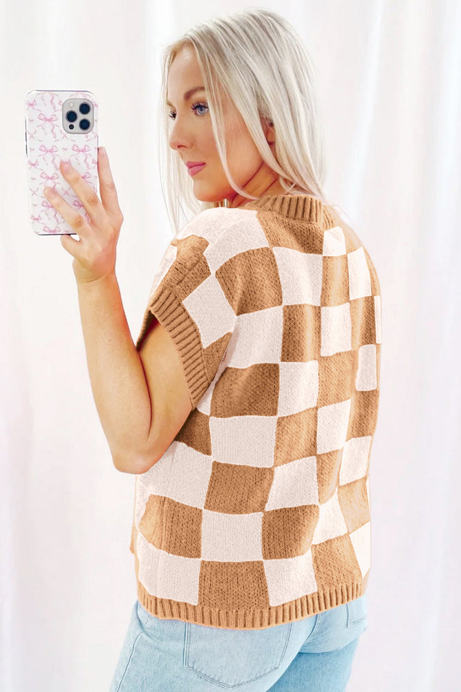 Light French Beige Colorblock Plaid Pattern Ribbed Trim Sweater Tank Top Dear lover