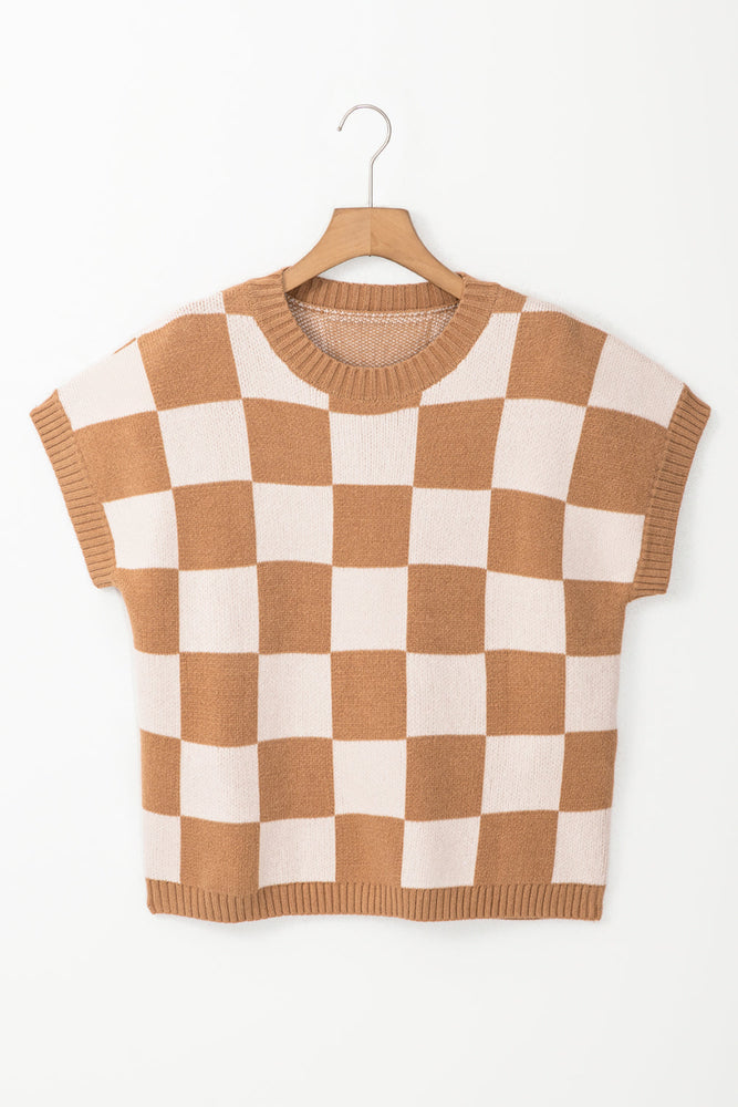 Light French Beige Colorblock Plaid Pattern Ribbed Trim Sweater Tank Top Dear lover