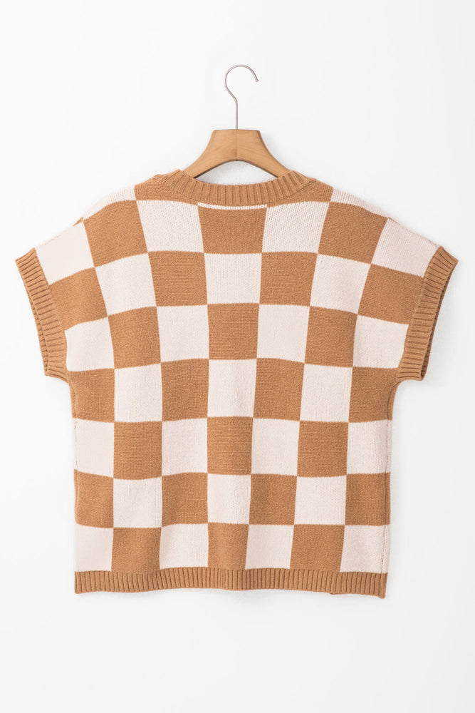 Light French Beige Colorblock Plaid Pattern Ribbed Trim Sweater Tank Top Dear lover