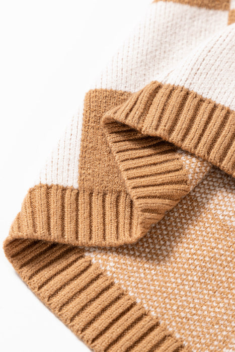 Light French Beige Colorblock Plaid Pattern Ribbed Trim Sweater Tank Top Dear lover