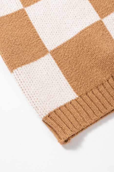 Light French Beige Colorblock Plaid Pattern Ribbed Trim Sweater Tank Top Dear lover