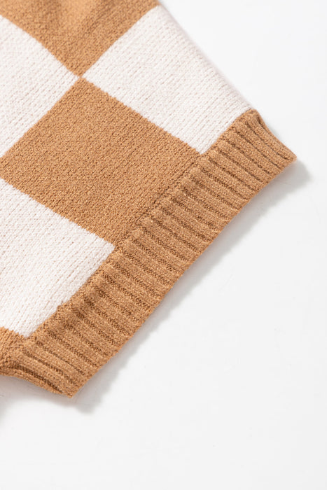 Light French Beige Colorblock Plaid Pattern Ribbed Trim Sweater Tank Top Dear lover