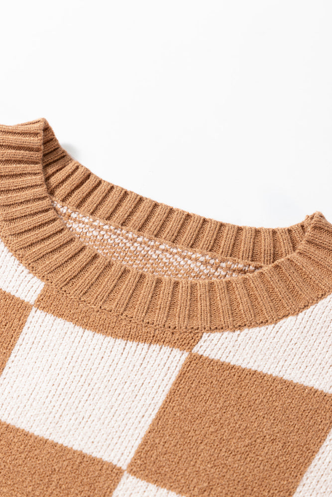 Light French Beige Colorblock Plaid Pattern Ribbed Trim Sweater Tank Top Dear lover
