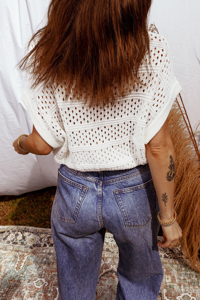 White Hollow Out Knit Round Neck Dolman Sweater Dear lover