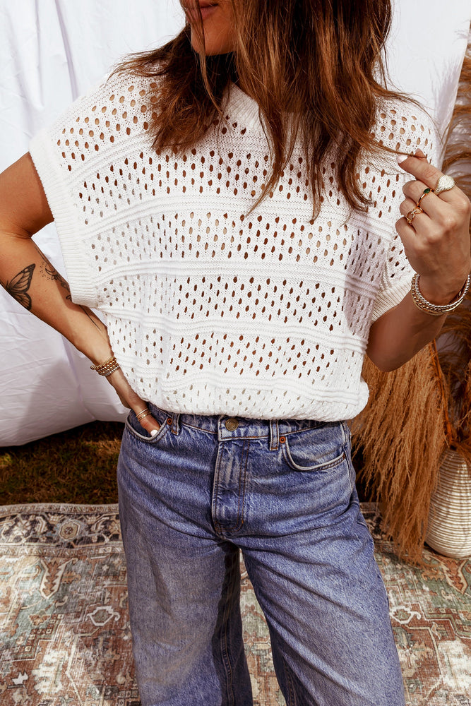 White Hollow Out Knit Round Neck Dolman Sweater Dear lover