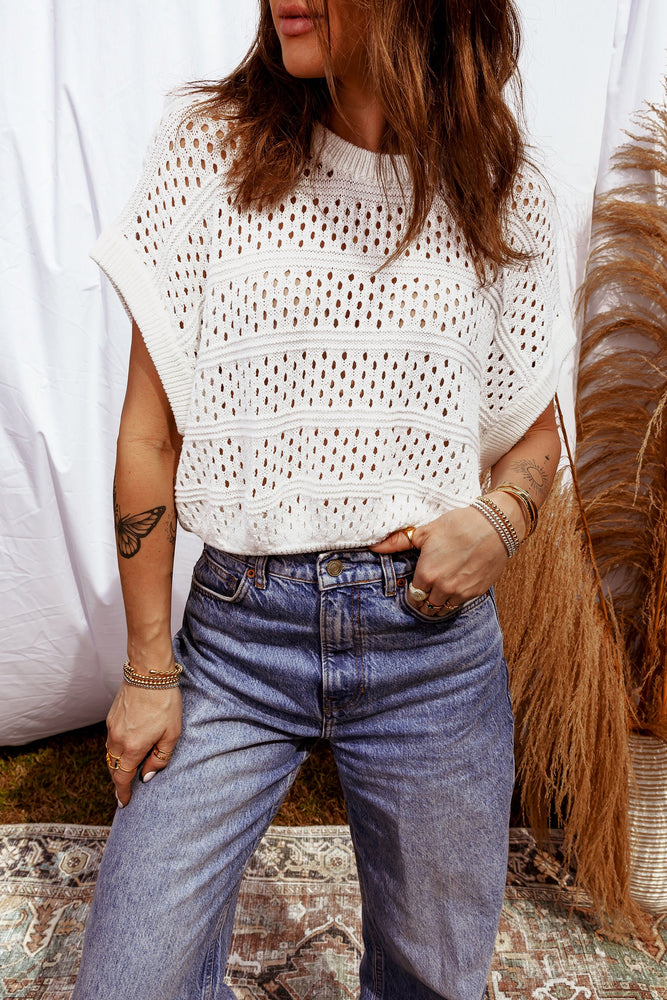 White Hollow Out Knit Round Neck Dolman Sweater Dear lover