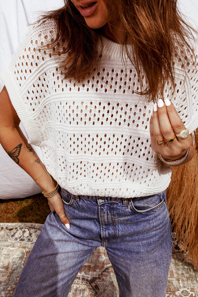 White Hollow Out Knit Round Neck Dolman Sweater Dear lover