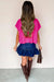 Bright Pink Solid Color Ribbed Knit Mock Neck Loose Short Sleeve Sweater Dear lover