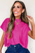 Bright Pink Solid Color Ribbed Knit Mock Neck Loose Short Sleeve Sweater Dear lover