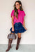 Bright Pink Solid Color Ribbed Knit Mock Neck Loose Short Sleeve Sweater Dear lover
