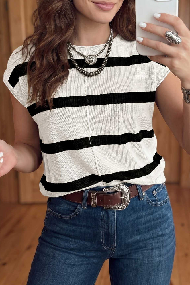 White stripe knit western short sleeve sweater view 1