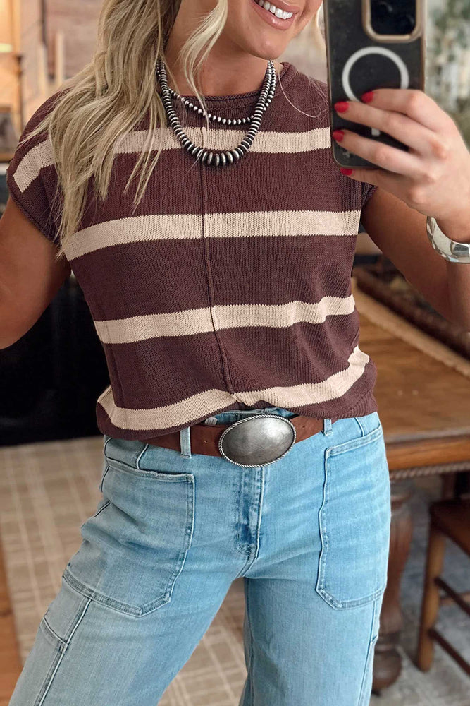 Brown stripe short sleeve knit sweater view 2