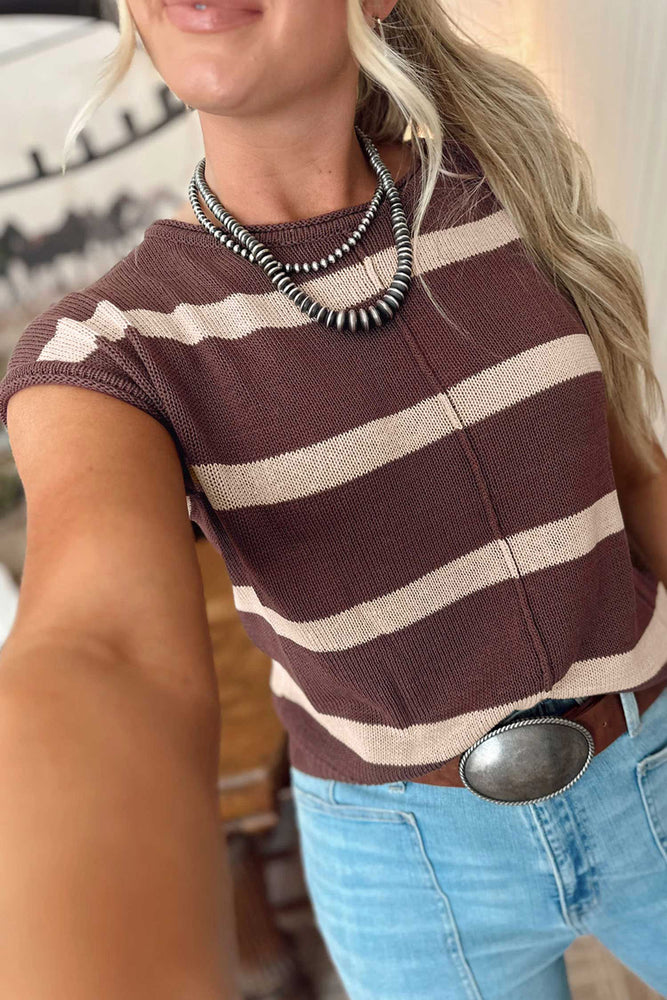 Brown stripe short sleeve knit sweater view 3