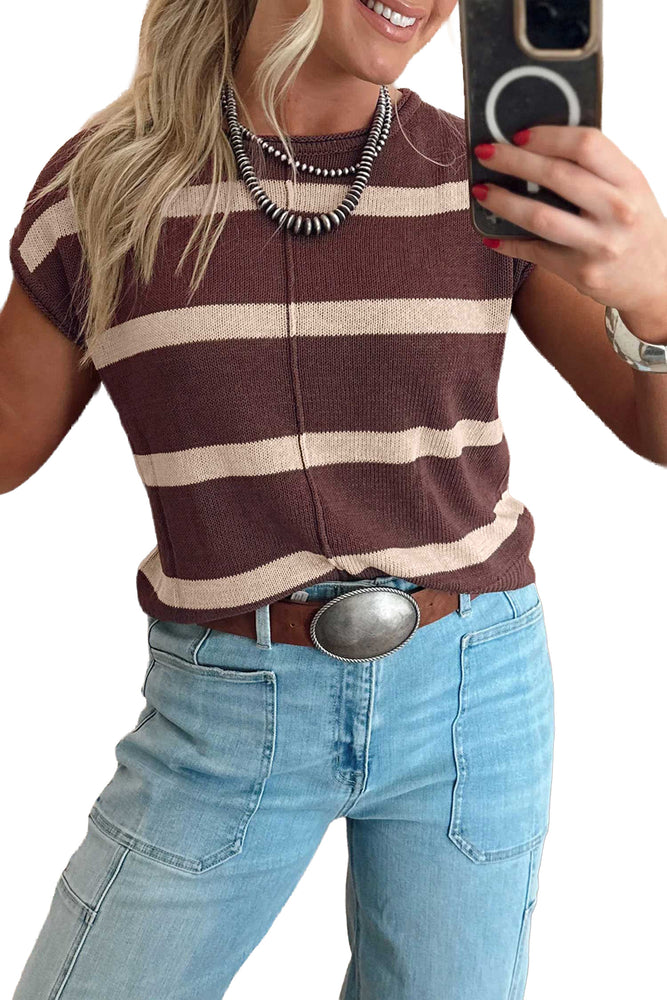 Brown stripe short sleeve knit sweater view 4