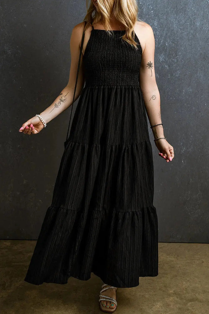 Black Spaghetti Straps Smocked Pleated Tiered Maxi Dress Dear lover