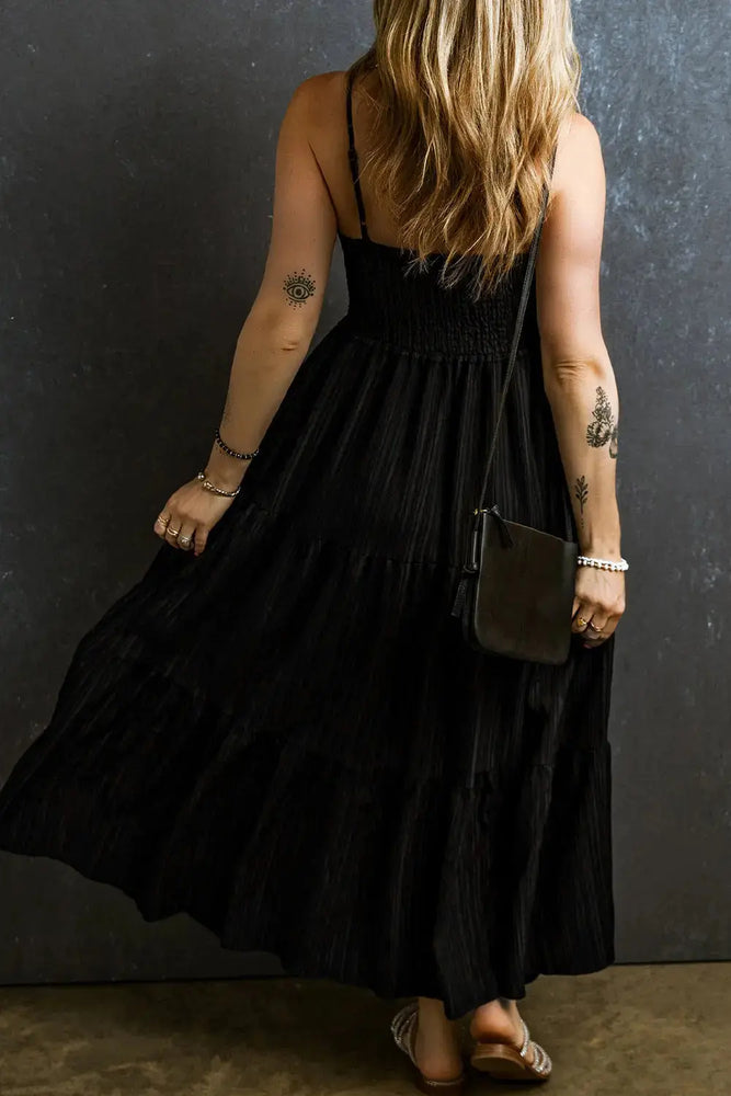 Black Spaghetti Straps Smocked Pleated Tiered Maxi Dress Dear lover