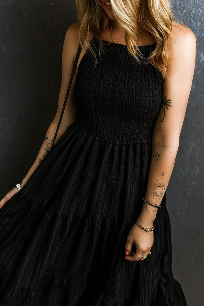 Black Spaghetti Straps Smocked Pleated Tiered Maxi Dress Dear lover