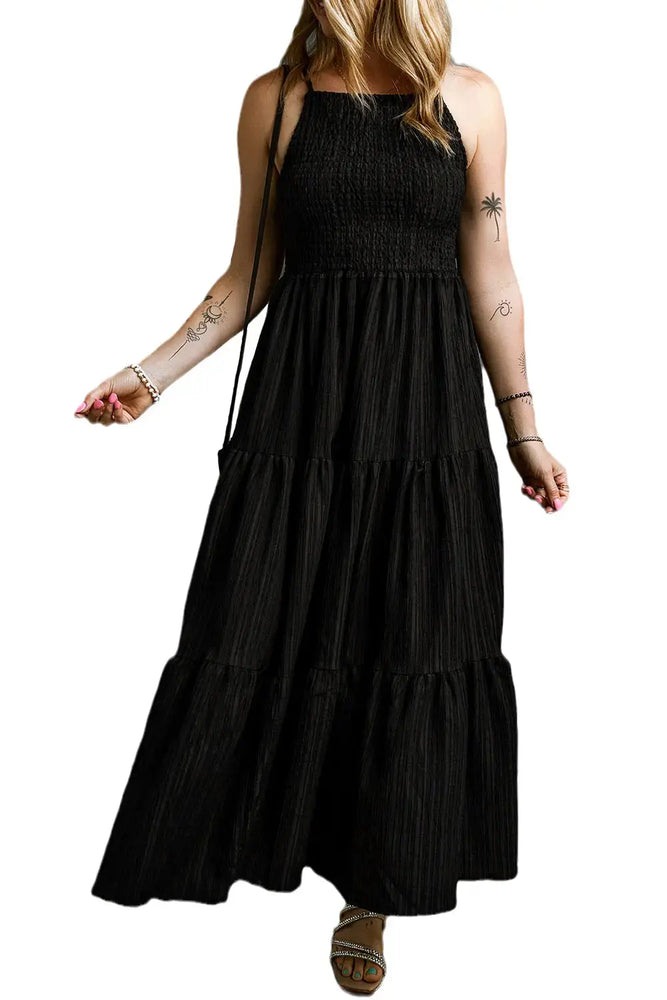 Black Spaghetti Straps Smocked Pleated Tiered Maxi Dress Dear lover