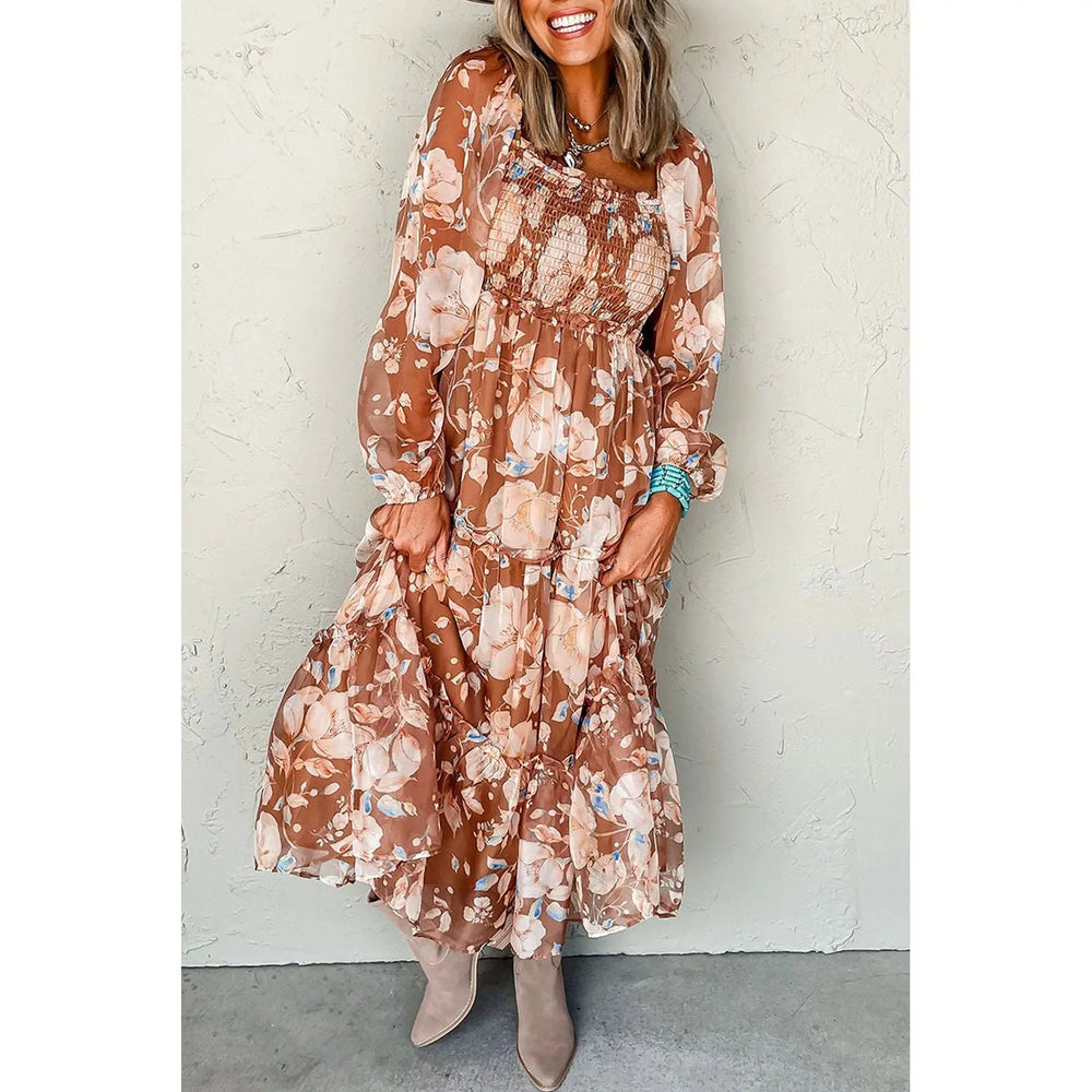 Brown Floral Print Shirred Square Neck High Waist Maxi Dress Dear lover