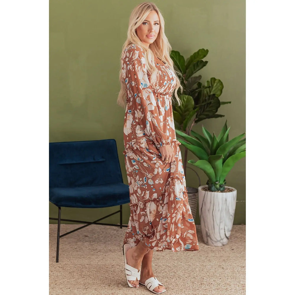 Brown Floral Print Shirred Square Neck High Waist Maxi Dress Dear lover